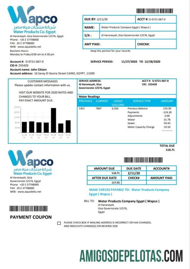 imprimível Modelo de conta de serviços públicos da Egypt Water Products Company Egypt (Wapco) em formato Word e PDF